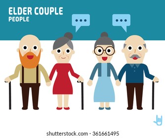 elderly couple.
collection of cartoon full body flat design.
illustration isolated on white background.