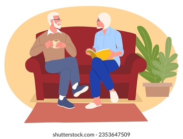 Elderly couple comfortably engaged in a sofa conversation. Scene of togetherness, communication, and lifelong connection