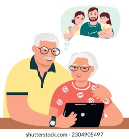 Elderly couple communicate with their children and granddaughter online.Grandfather and grandmother with a laptop.Happy smiling relatives have fun together.Vector cartoon flat illustration on white.