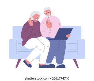 La pareja de ancianos comunica los saludos con un ordenador portátil. Ilustración vectorial en estilo plano.