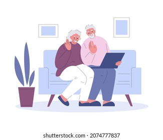 Elderly couple communicates greets with laptop. Vector illustration in flat style.
