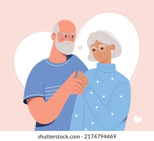 Elderly couple concept. Grandfather and grandmother smiling, metaphor for romance, love and care. Elderly husband and wife celebrating their wedding anniversary. Cartoon flat vector illustration