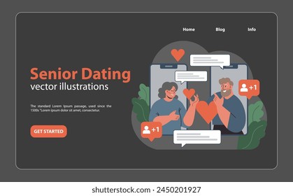 Elderly couple connects digitally, with hearts and messages, symbolizing online romance and senior dating experiences. Flat vector illustration
