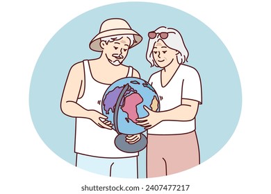 Elderly couple is considering globe choosing place for future trip or sightseeing tour. Mature gray-haired man and woman choose continent or state for life after retirement. Flat vector illustration