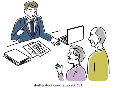 elderly couple consult with man lawyer hand drawing illustration, vector