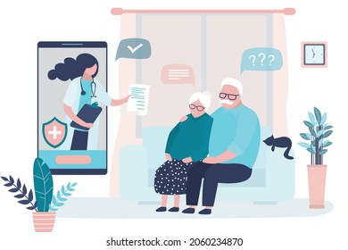 Elderly couple consults with doctor online. Specialist writes prescription for grandparents. Remote consultation with nurse by smartphone. Concept of telemedicine and healthcare. Vector illustration