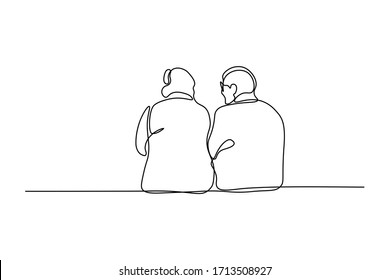Elderly couple in continuous line art drawing style. Back view of senior people sitting together and talking. Minimalist black linear sketch isolated on white background. Vector illustration