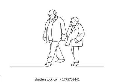 Elderly couple in continuous line art drawing style  Senior man   woman walking together holding hands  Minimalist black linear sketch isolated white background  Vector illustration