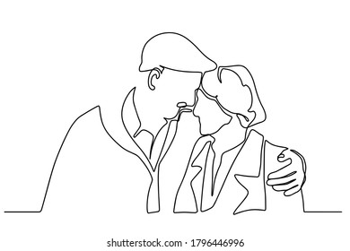 Elderly couple in continuous line art drawing style  Romantic elderly couple  Old grandfather   grandmother  Continuous one line drawing  Happy grandparents isolated white background 