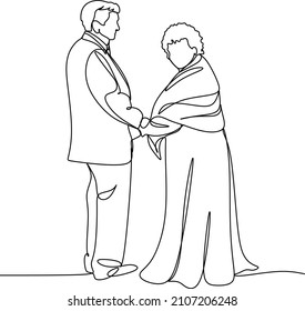 Elderly Couple In Continuous Line Art Drawing Style. Senior Man And Woman Walking Together Holding Hands. Minimalist Black Linear Sketch Isolated On White Background. Vector Illustration
