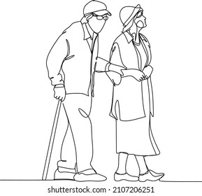 Elderly couple in continuous line art drawing style  Senior man   woman walking together holding hands  Minimalist black linear sketch isolated white background  Vector illustration
