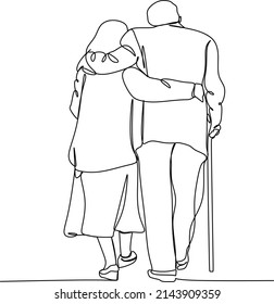 Elderly Couple In Continuous Line Art Drawing Style. Senior Man And Woman Walking Together Holding Hands. Minimalist Black Linear Sketch Isolated On White Background. Vector Illustration
