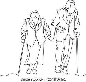 Elderly Couple In Continuous Line Art Drawing Style. Senior Man And Woman Walking Together Holding Hands. Minimalist Black Linear Sketch Isolated On White Background. Vector Illustration
