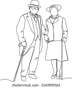 Elderly couple in continuous line art drawing style. Senior man and woman walking together holding hands. Minimalist black linear sketch isolated on white background. Vector illustration
