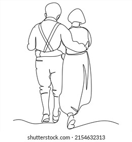 Pareja mayor con estilo de dibujo de línea continua. Hombre mayor y mujer caminando juntos tomados de la mano. Esbozo lineal negro minimalista aislado sobre fondo blanco. Ilustración del vector
