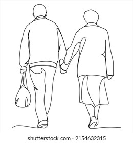 Pareja mayor con estilo de dibujo de línea continua. Hombre mayor y mujer caminando juntos tomados de la mano. Esbozo lineal negro minimalista aislado sobre fondo blanco. Ilustración del vector
