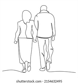 Elderly couple in continuous line art drawing style  Senior man   woman walking together holding hands  Minimalist black linear sketch isolated white background  Vector illustration
