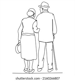 Elderly couple in continuous line art drawing style. Senior man and woman walking together holding hands. Minimalist black linear sketch isolated on white background. Vector illustration
