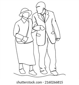 Pareja mayor con estilo de dibujo de línea continua. Hombre mayor y mujer caminando juntos tomados de la mano. Esbozo lineal negro minimalista aislado sobre fondo blanco. Ilustración del vector
