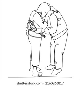 Elderly couple in continuous line art drawing style. Senior man and woman walking together holding hands. Minimalist black linear sketch isolated on white background. Vector illustration
