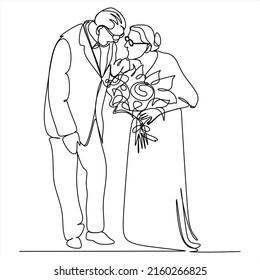 Elderly Couple In Continuous Line Art Drawing Style. Senior Man And Woman Walking Together Holding Hands. Minimalist Black Linear Sketch Isolated On White Background. Vector Illustration
