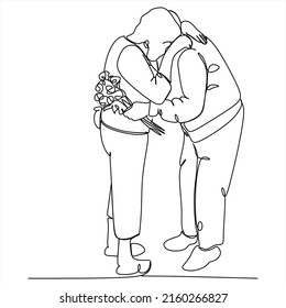 Elderly couple in continuous line art drawing style. Senior man and woman walking together holding hands. Minimalist black linear sketch isolated on white background. Vector illustration
