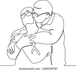 Elderly couple in continuous line art drawing style. Romantic elderly couple. Old grandfather and grandmother. Continuous one line drawing. Happy grandparents isolated on white background.