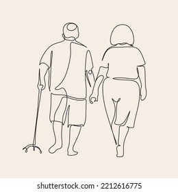 Elderly couple in continuous line art drawing style. Senior man and woman walking together holding hands. Minimalist black linear sketch isolated on white background. Vector illustration