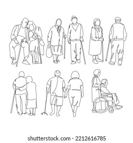 Elderly couple in continuous line art drawing style. Senior man and woman walking together holding hands. Minimalist black linear sketch isolated on white background. Vector illustration