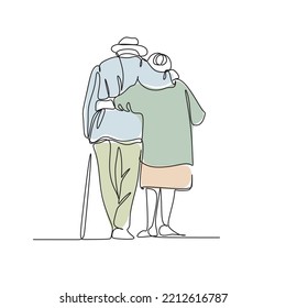 Elderly couple in continuous line art drawing style. Senior man and woman walking together holding hands. Minimalist black linear sketch isolated on white background. Vector illustration