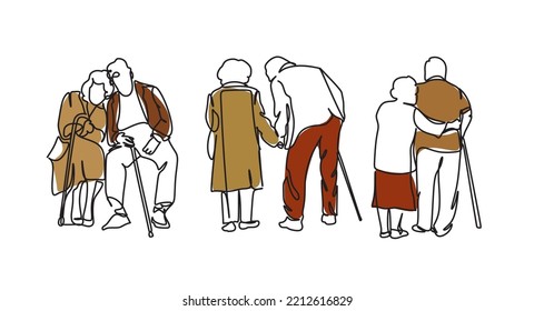 Elderly couple in continuous line art drawing style. Senior man and woman walking together holding hands. Minimalist black linear sketch isolated on white background. Vector illustration