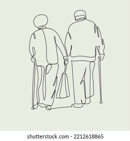 Elderly couple in continuous line art drawing style. Set of 3 line art minimalist posters of old couple. Minimalist black linear sketch isolated on white background. Vector illustration