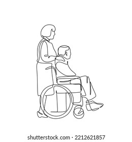 Pareja mayor con estilo de dibujo de línea continua. Hombre mayor discapacitado en un carro y su esposa. Ilustración vectorial. Un logotipo de línea de dibujo continua de un hombre discapacitado en silla de ruedas. Una sola mano