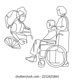 Elderly couple in continuous line art drawing style. Old man disabled in a cart and his wife. Vector illustration. One continuous drawing line logo of a disabled man in a wheelchair. Single hand drawn