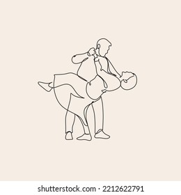 Elderly Couple In Continuous Line Art Drawing Style. Romantic Elderly Couple Dancing. Old Grandfather And Grandmother. Continuous One Line Drawing. Happy Grandparents Isolated On White Background.