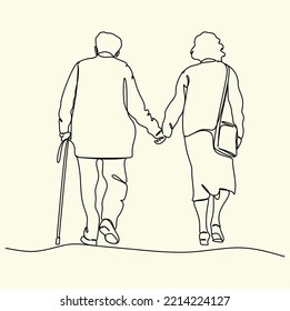 Elderly couple in continuous line art drawing style. Senior man and woman walking together holding hands. Minimalist black linear sketch isolated on white background. Vector illustration
