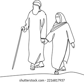 Elderly couple in continuous line art drawing style. Senior man and woman walking together holding hands. Minimalist black linear sketch isolated on white background. Vector illustration
