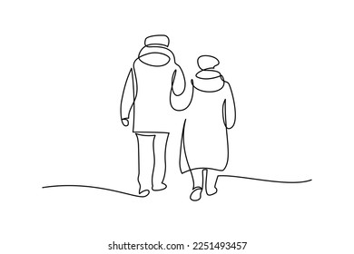 Elderly couple in continuous line art drawing style  Rear view senior man   woman walking together holding hands  Black linear sketch isolated white background  Vector illustration