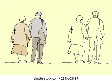 Elderly couple in continuous line art drawing style. Senior man and woman walking together holding hands. Minimalist black linear sketch isolated on white background. Vector illustration