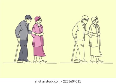 Elderly couple in continuous line art drawing style. Senior man and woman walking together holding hands. Minimalist black linear sketch isolated on white background. Vector illustration