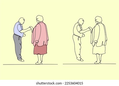 Elderly couple in continuous line art drawing style. Senior man and woman walking together holding hands. Minimalist black linear sketch isolated on white background. Vector illustration