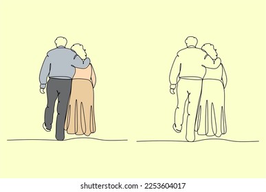 Elderly couple in continuous line art drawing style. Senior man and woman walking together holding hands. Minimalist black linear sketch isolated on white background. Vector illustration