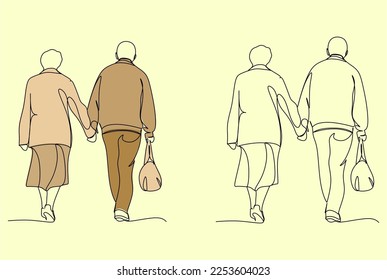 Elderly couple in continuous line art drawing style. Senior man and woman walking together holding hands. Minimalist black linear sketch isolated on white background. Vector illustration