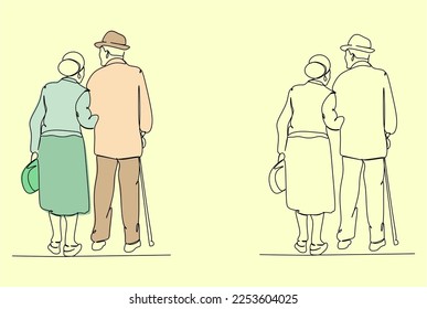 Älteres Paar in kontinuierlicher Linie Kunstzeichnung Stil. Senior Mann und Frau zusammen laufen mit Händen halten. Minimalistische schwarze lineare Skizze einzeln auf weißem Hintergrund. Vektorgrafik