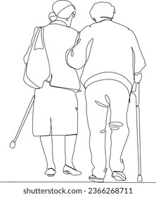 Elderly couple in continuous line art drawing style. Senior man and woman walking together holding hands. Minimalist black linear sketch isolated on white background. Vector illustration
