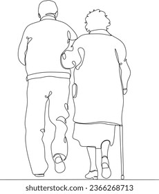 Elderly couple in continuous line art drawing style. Senior man and woman walking together holding hands. Minimalist black linear sketch isolated on white background. Vector illustration
