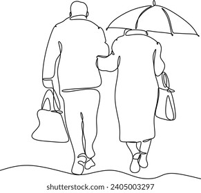 Elderly couple in continuous line art drawing style. Senior man and woman walking together holding hands. Minimalist black linear sketch isolated on white background.  Vector illustration without arti