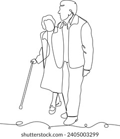 Elderly couple in continuous line art drawing style. Senior man and woman walking together holding hands. Minimalist black linear sketch isolated on white background.  Vector illustration without arti