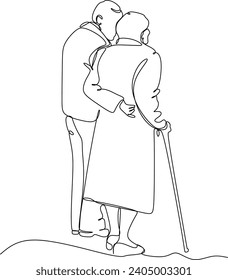 Elderly couple in continuous line art drawing style. Senior man and woman walking together holding hands. Minimalist black linear sketch isolated on white background.  Vector illustration without arti