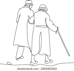 Elderly couple in continuous line art drawing style. Senior man and woman walking together holding hands. Minimalist black linear sketch isolated on white background.  Vector illustration without arti